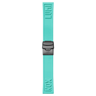 Mint green watch strap with black buckle on a white background