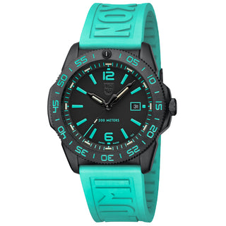 Wristwatch with turquoise strap and black dial on a white background