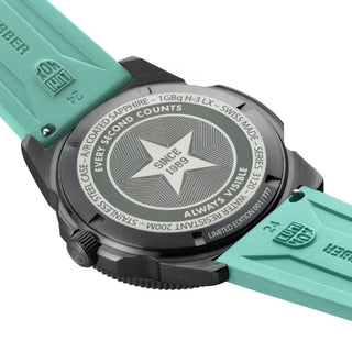 Close-up of a watch with a turquoise strap and detailed case back on a white background
