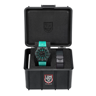 Luminox watch with teal strap in a black open case on a white background
