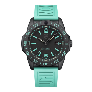 Wristwatch with turquoise strap and black dial on a white background
