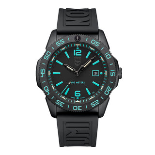 Black watch with green accents on a white background