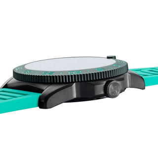 Close-up of a watch with a green strap and black case on a white background