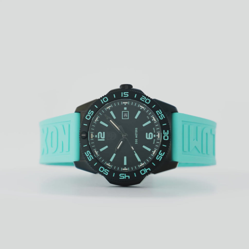 Luminox watch with teal strap360 degree video showcase on a white background